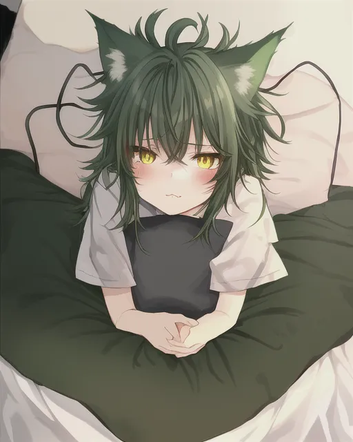 adorable tomboy-ish dark-green neko-fox girl with yellow eyes. very sleepy, hanging off side of her bed