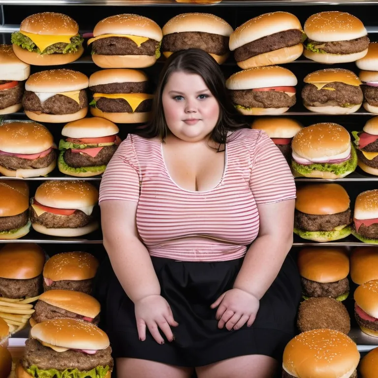 Fat young girl surrounded by human hamburgers in a hamburger restaurant 