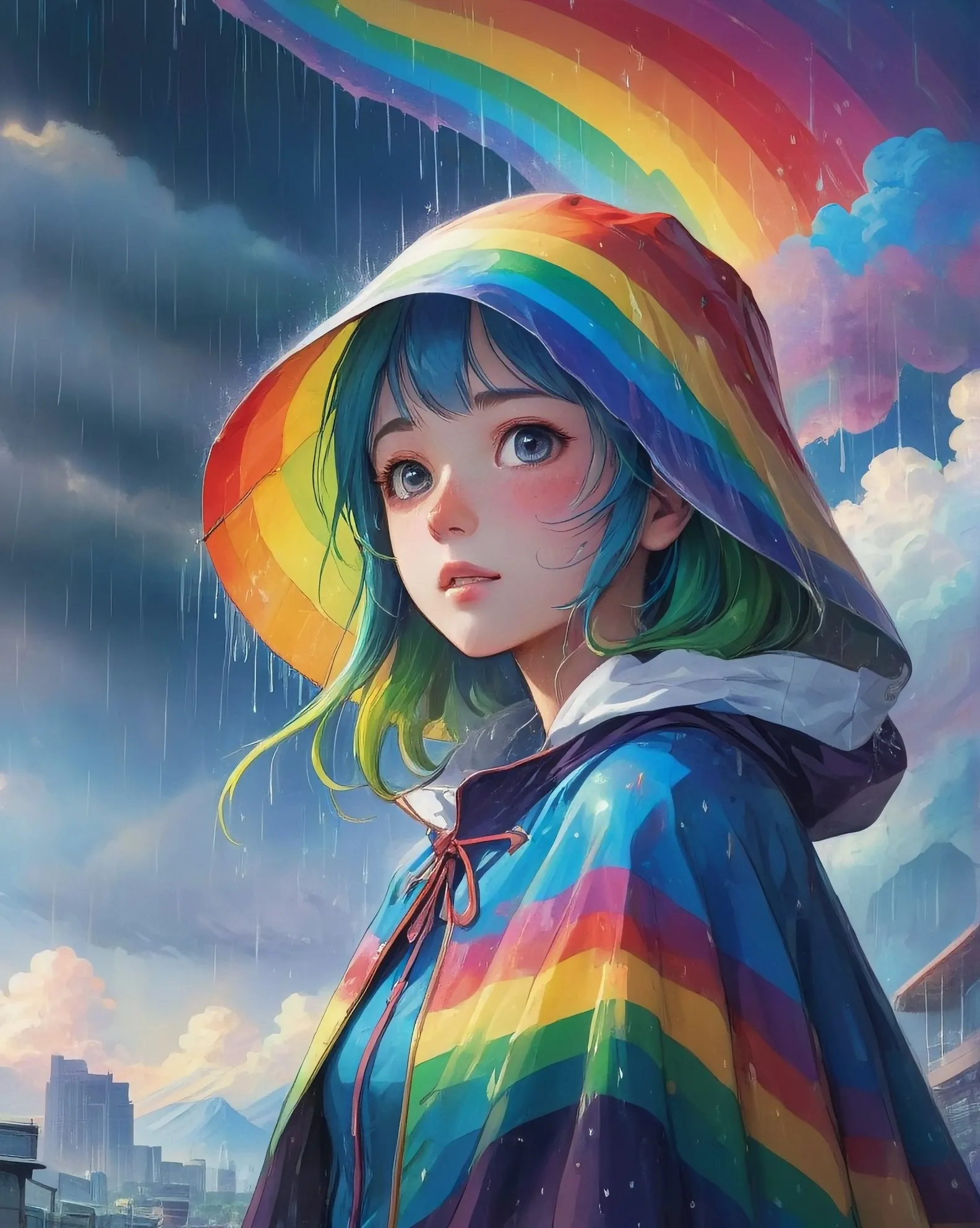 A rainbow and rain and the sun,surreal dreams cape,vibrant colour's. Beautiful girl. 