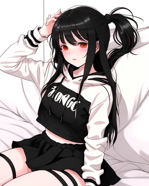 A girl with long black hair, a fluffy black cat laying on her lap, the girl is wearing a black hoodie with a single white stripe, the hoodie is tucked into a white mini skirt, black thigh highs with two white striped at the top, sitting on a bed at night