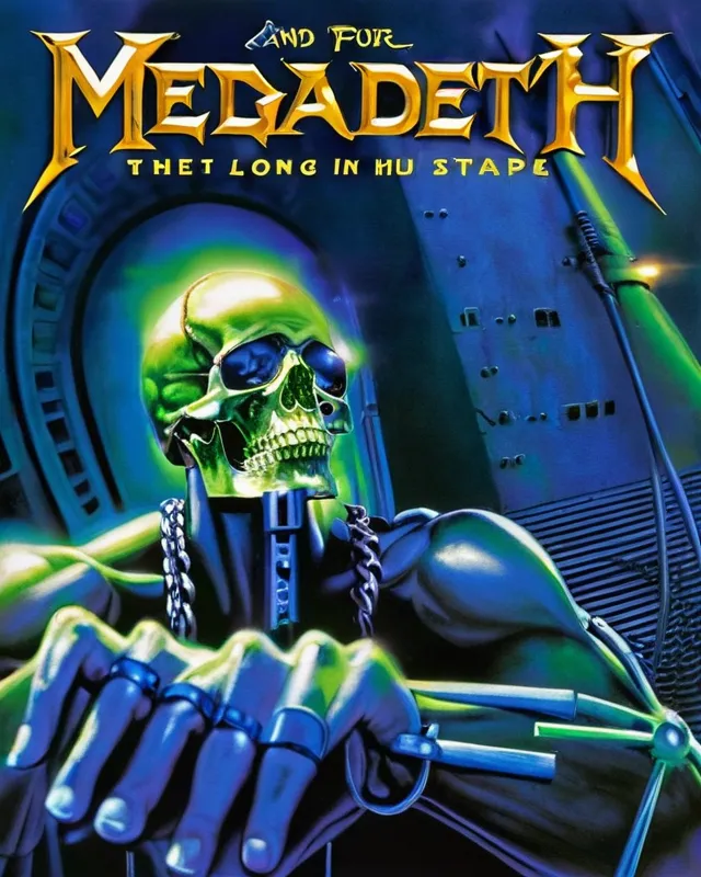 The Megadeth album cover Rust in Peace. Vic Rattlehead holding a glowing green crystal with one hand and placing his other hand on a Stasis pod with an alian preserved inside it. Vic Rattlehead is surrounded by government officials sitting down in a hangar bay. Vic Rattlehead has a steel visor across his eyes, two large metal caps with metal chains on his ears, and four long metal staples over his mouth.