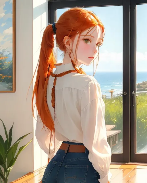 highly, high detailed, Masterpiece, beautiful, (long long shot), 1girl, (Orange hair, amber eyes, long hair with ponytail, short white blouse, blue jeans, background detailed, in the room of a gala party)
