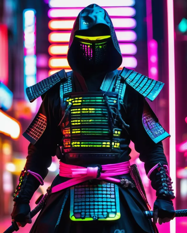 Rave samurai, neon adorned ninja, futuristic feudal Japanese warrior