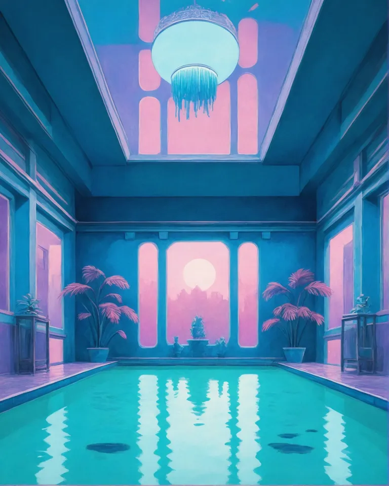 Vaporwave pool room, indoor pool, dreamcore aesthetic, dreamscape, fantasy world