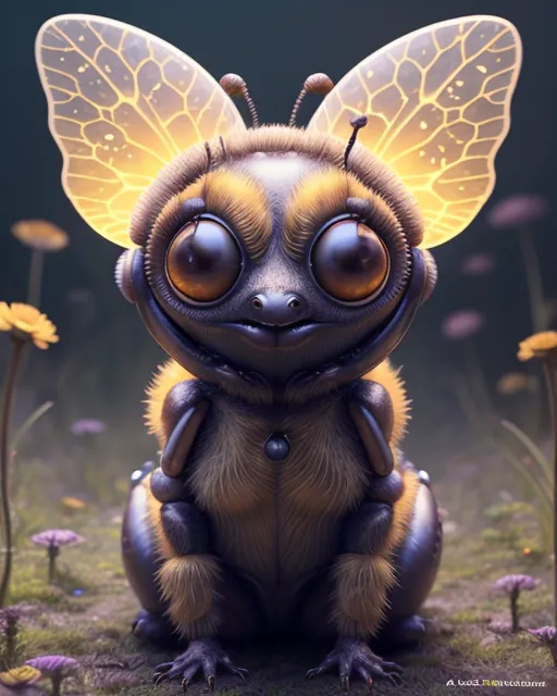 anthropomorphic bumblebee, cute, whimsical, charming, beautiful, fuzzy, cozy, bright, flowers, pollen, busy, magical, magic, brown skin, dark brown skin