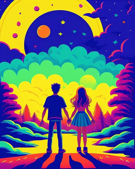 Looking at the stars, nightmare, moon, stats, holding hands, 2 people, 