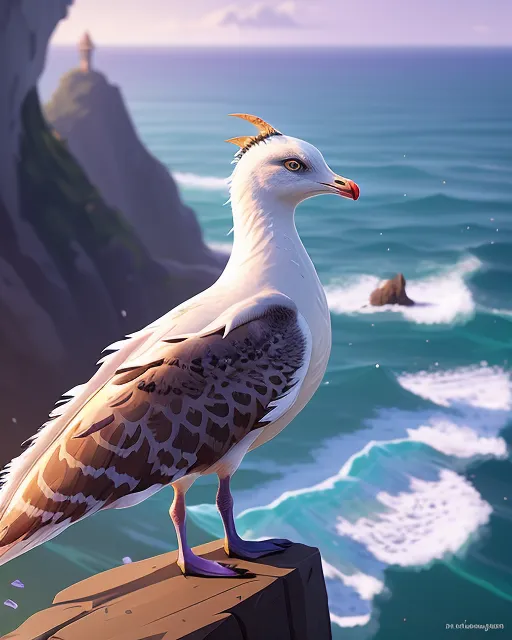 Sea gull with pointed head. White and purple feathers. Sitting on a cliff