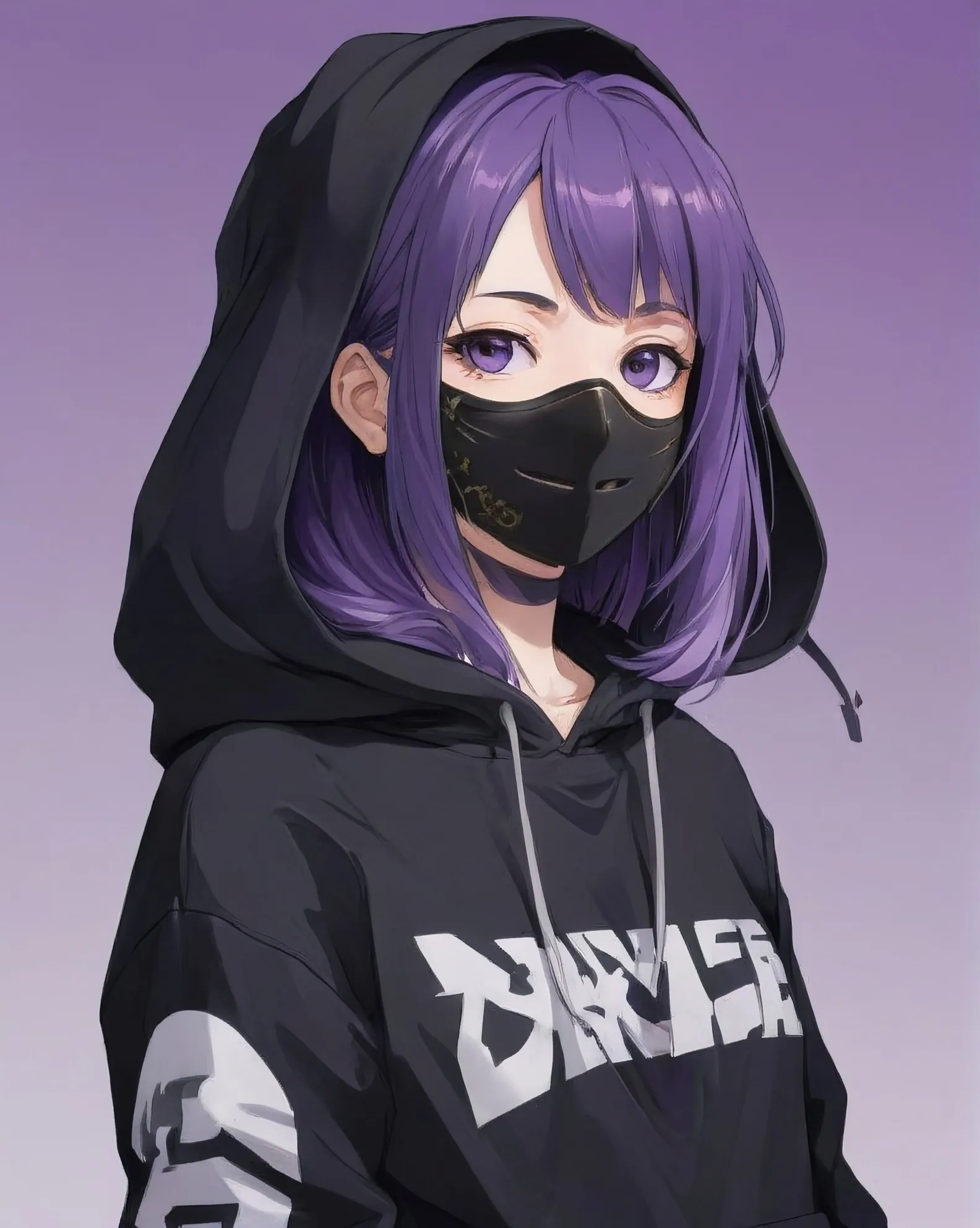 Girl, purple hair, purple eyes, black hoodie, purple mask