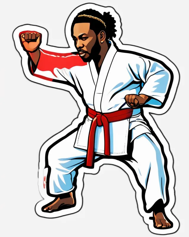 Kendrick Lamar dressed as karate master chopping a block in half.