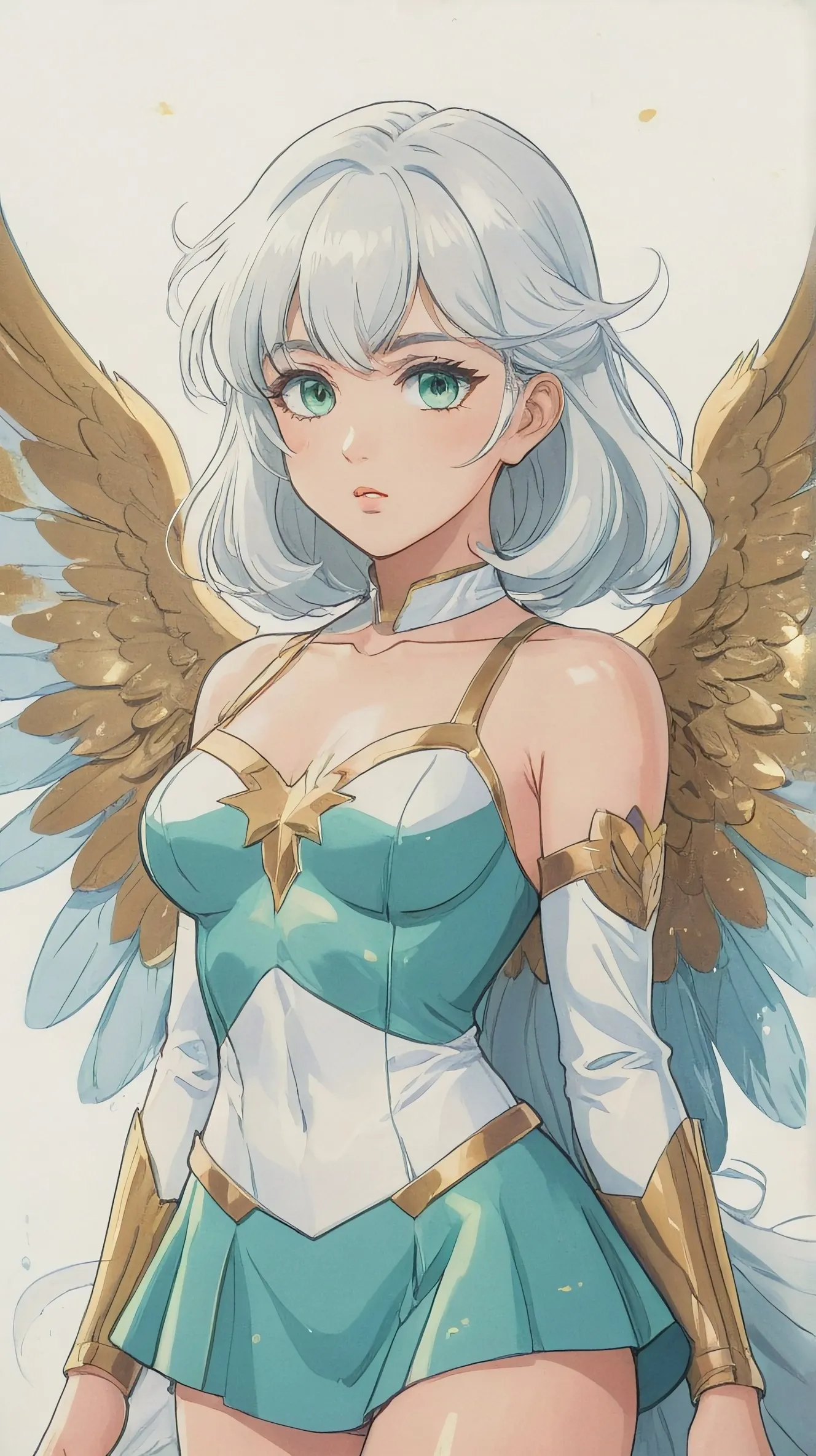 Superhero girl, angel wings, white and gold aesthetic, white hair, one blue eye, one green eye
