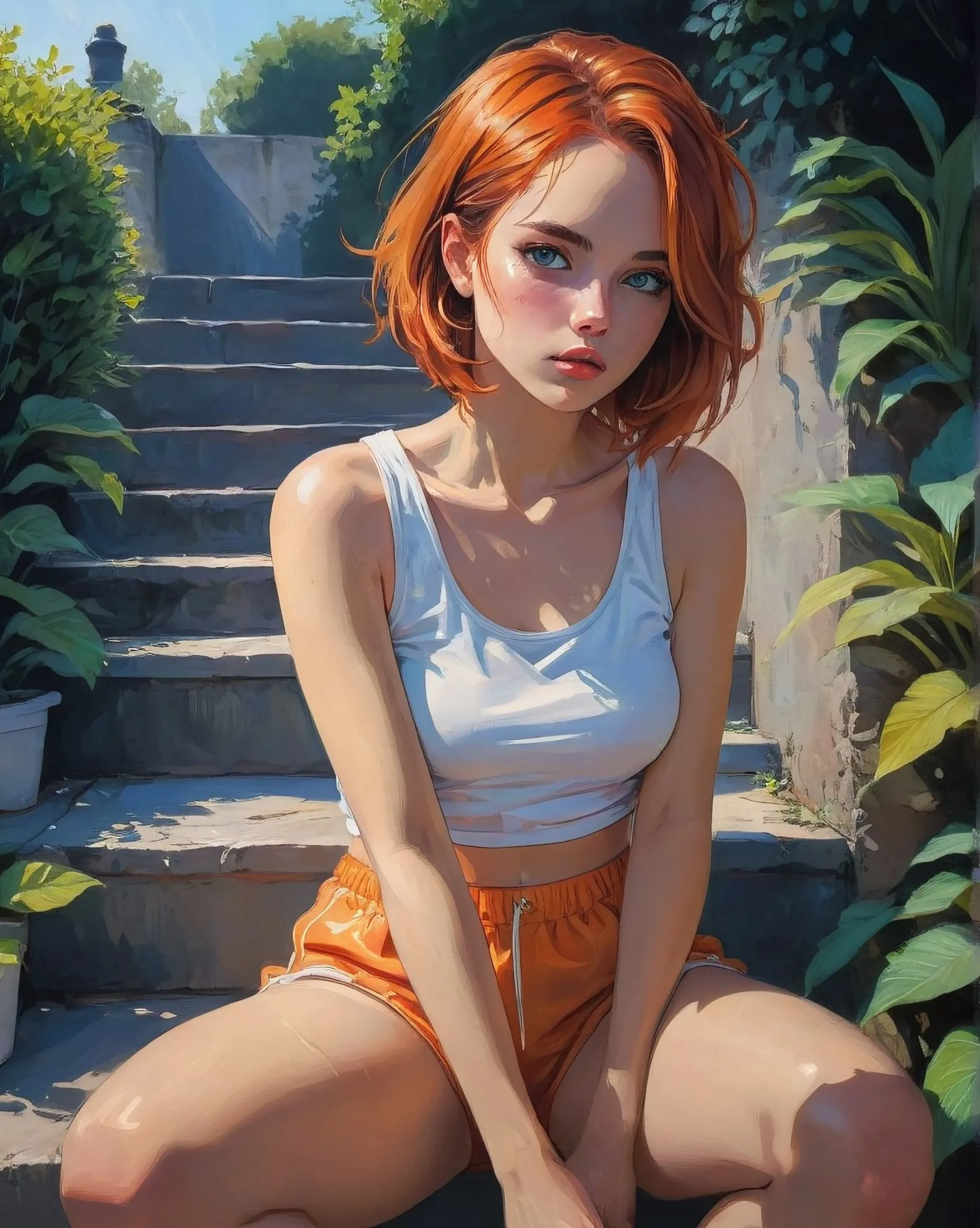 Gorgeous young woman with reddish orange hair in a bob style, sitting on a step in a garden, wearing a white tank top and short orange shorts, sapphire blue eyes, Eiza Gonzalez, Abstract Fashion, Stunning, Stylish Cinematic Composition, Dynamic Posing, Gorgeous messy long colorful Hairstyle, Mysterious, Dynamic Lighting, Volumetric Lighting, Intense Backlighting, Shadows, Chiaroscuro, Tenebrism, Penumbra, Dramatic Staging, Monochromatic, tan Accents, Cel Shading, Toon Shading, Rotoscoping, Fresco, Oil On Canvas, Pastels, Acrylic On Canvas, Watercolor & Ink, Matte Finish