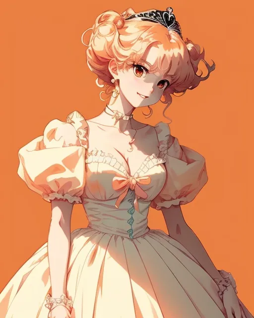 A beautiful princess in a huge, extremely voluminous and puffy orange dress with enormous puff sleeves grinning mischievously and holding a hypnotic pendulum at the camera.