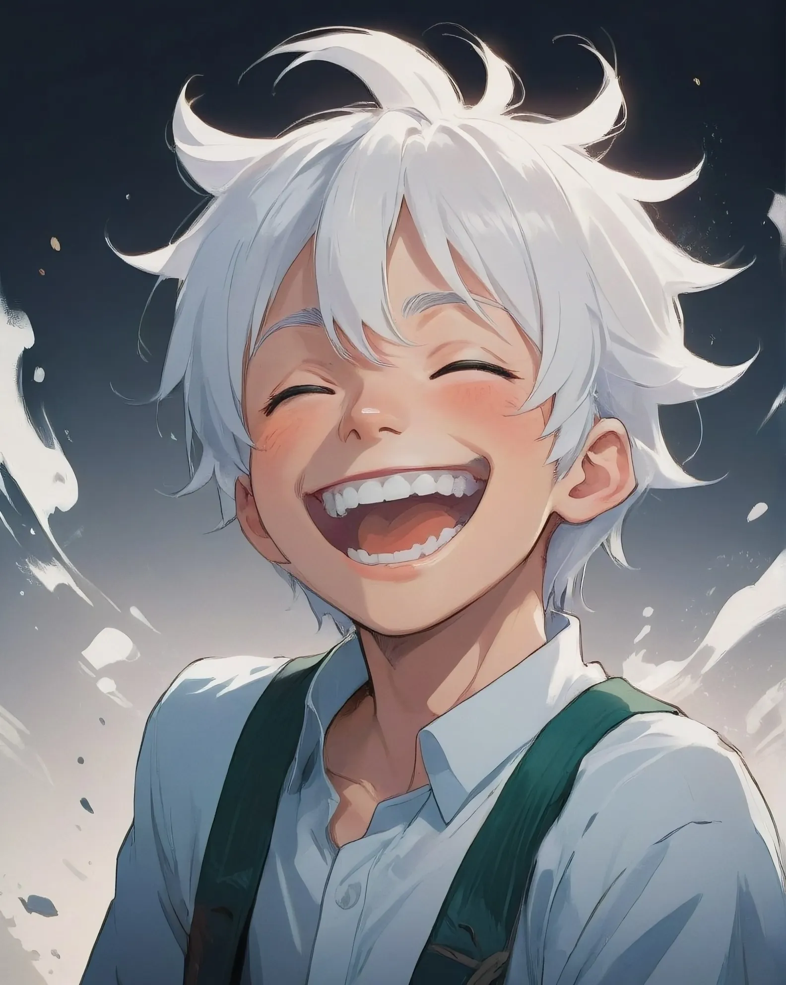 A boy with white hair laughing