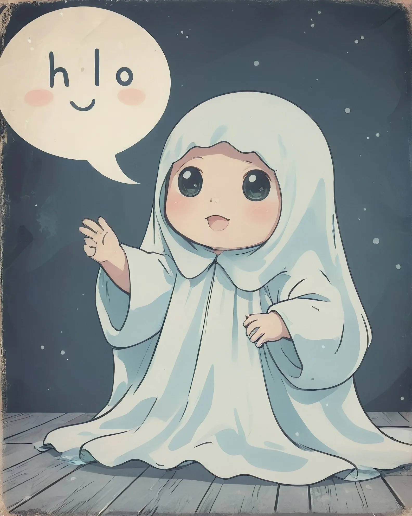 A cute baby sheet ghost with chat bubble saying ("Hello")