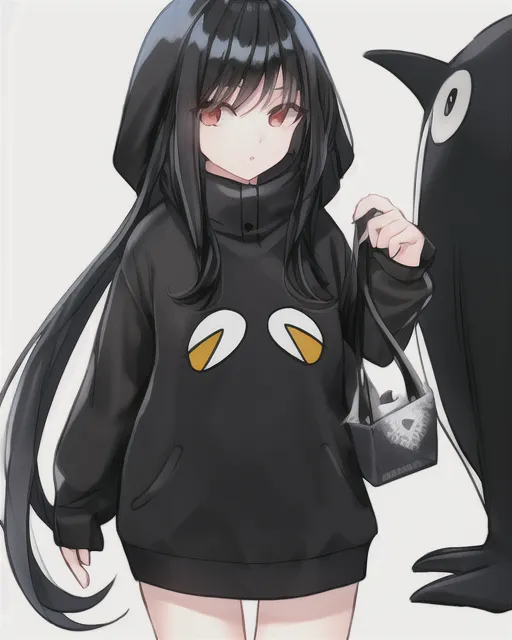 girl with long black hair in trendy clothes with penguin pet