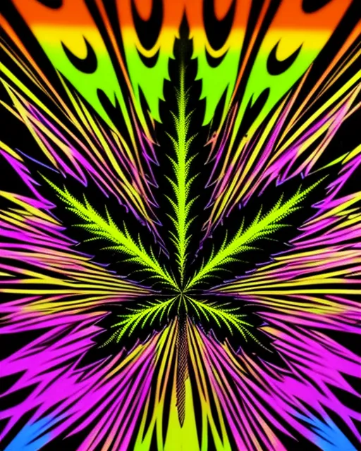 Black light style poster, use only solid fluorescent they glow colors, green, yellow, orange, blue, red. 1970s style marijuana, art, very trippy and psychedelic. ￼ all colors must be separated from each other by black. ￼