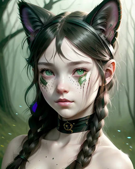 A girl cat ears shiny green eyes - Free AI Photo Generator - starryai