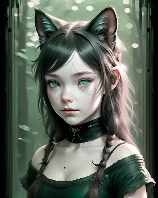 A girl cat ears shiny green eyes - Free AI Photo Generator - starryai