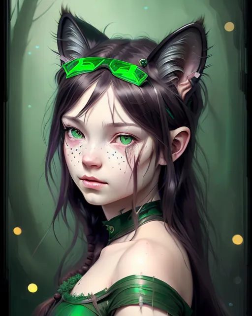 A girl cat ears shiny green eyes - Free AI Photo Generator - starryai