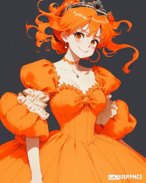 A beautiful princess with orange hair and orange corneas in a huge, extremely voluminous and puffy orange dress with enormous puff sleeves grinning mischievously and in a seemingly trance-like state.