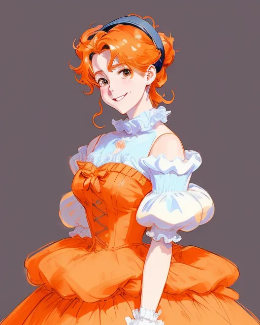 A beautiful, tall, elegant Cinderella with a playful smile on her face with orange hair and orange eyes wearing a huge, incredibly puffy and fluffy hoop skirt and huge, incredibly puffy puff sleeves larger than her head.