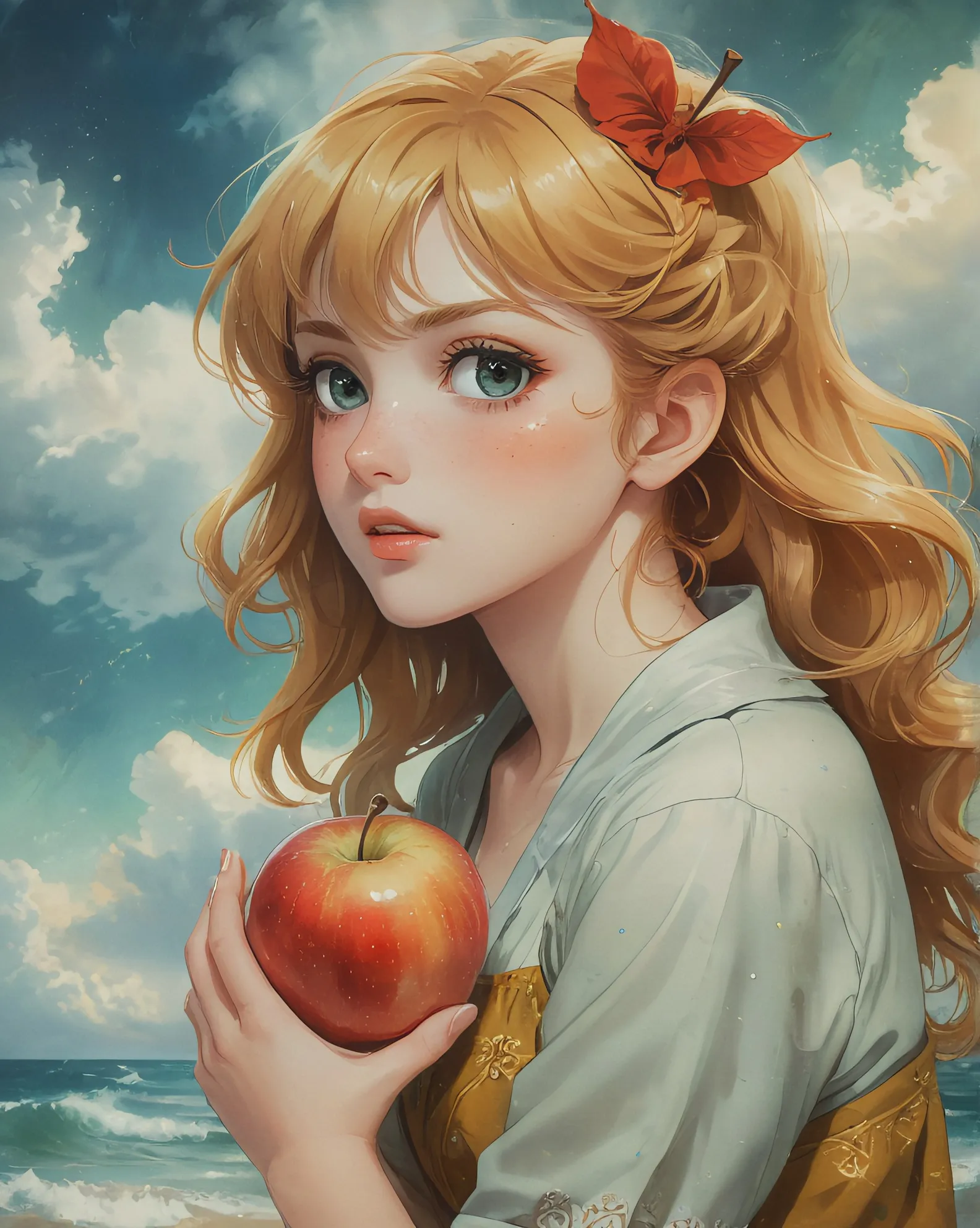 With an apple
