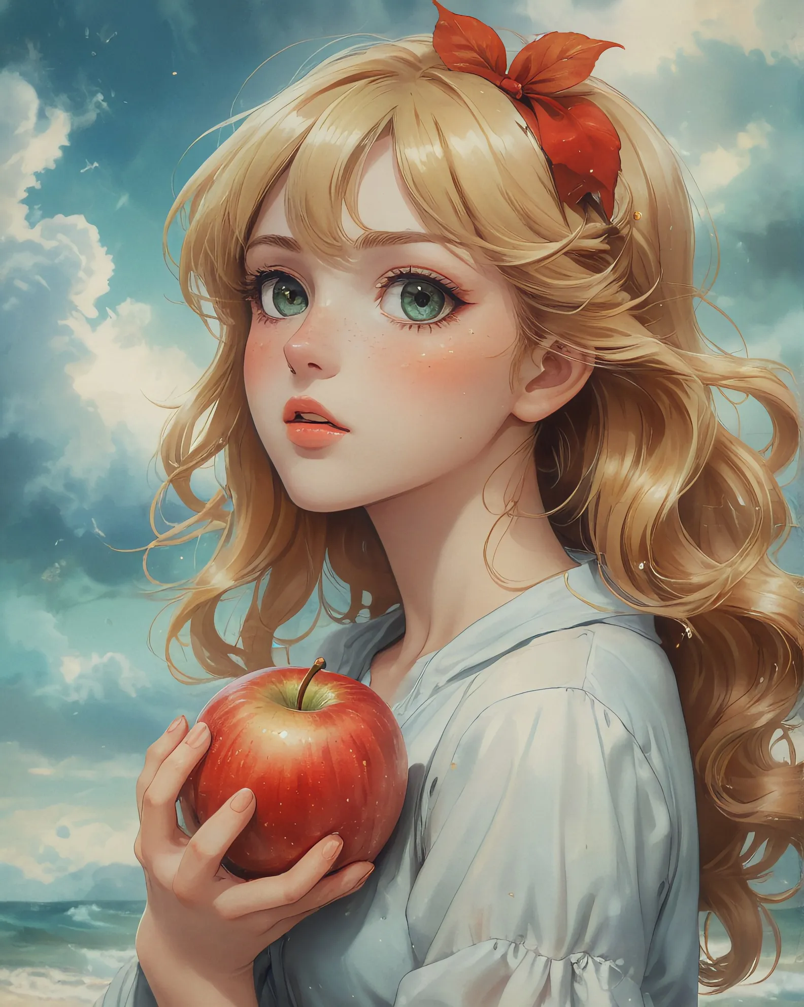 With an apple