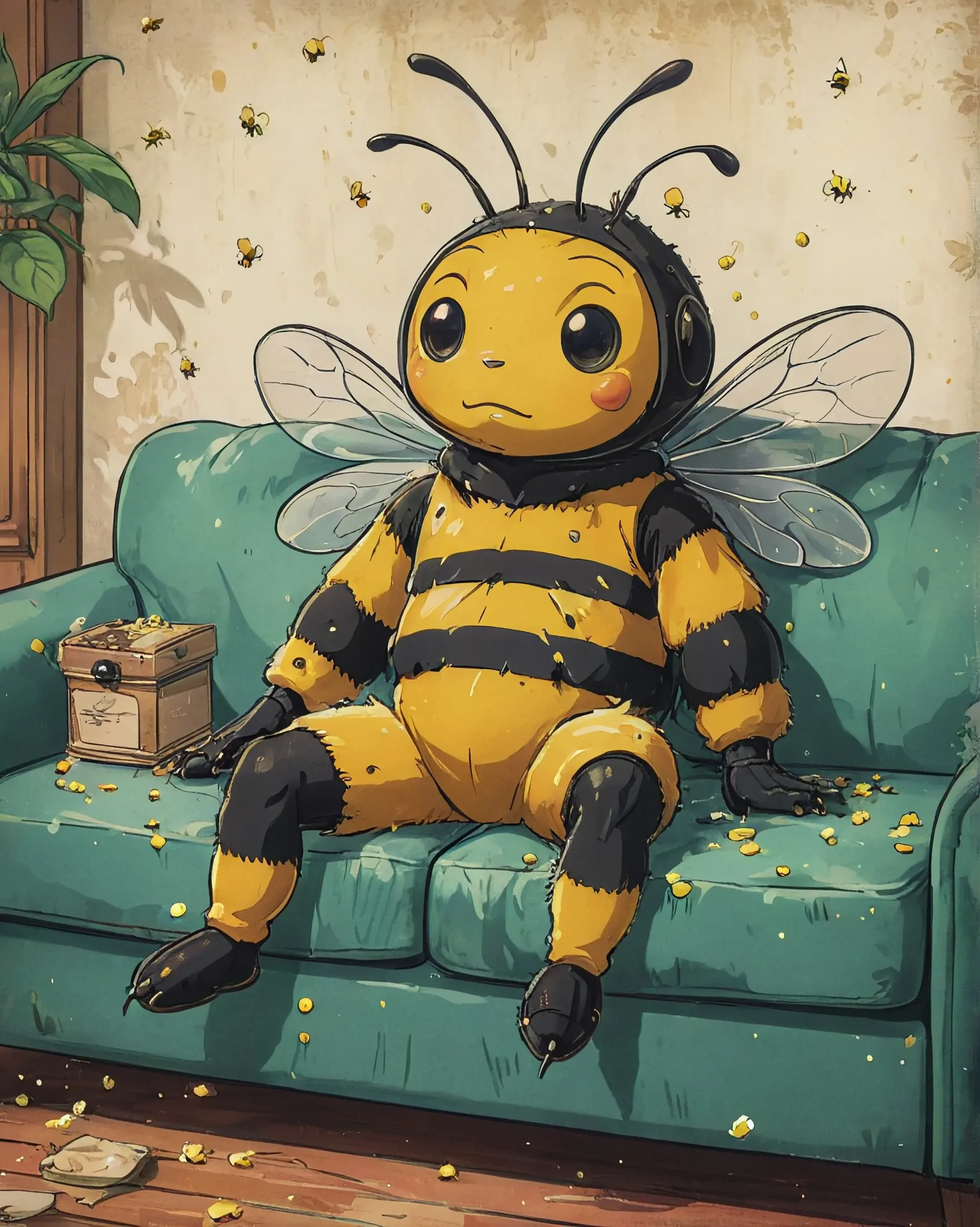 An anthropomorphic bee slumped on the couch and looking exhausted, with several bits of pollen stuck to its body 