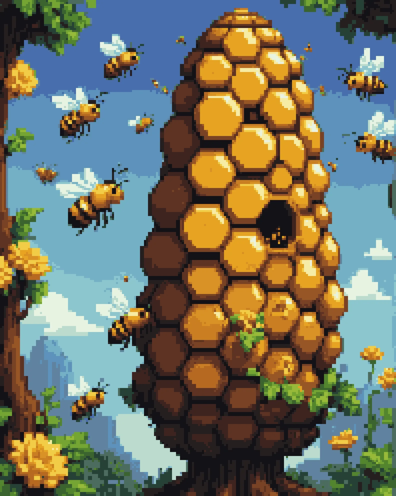 A beehive, with distinct bees flying in, dropping honey off, some bees flying off