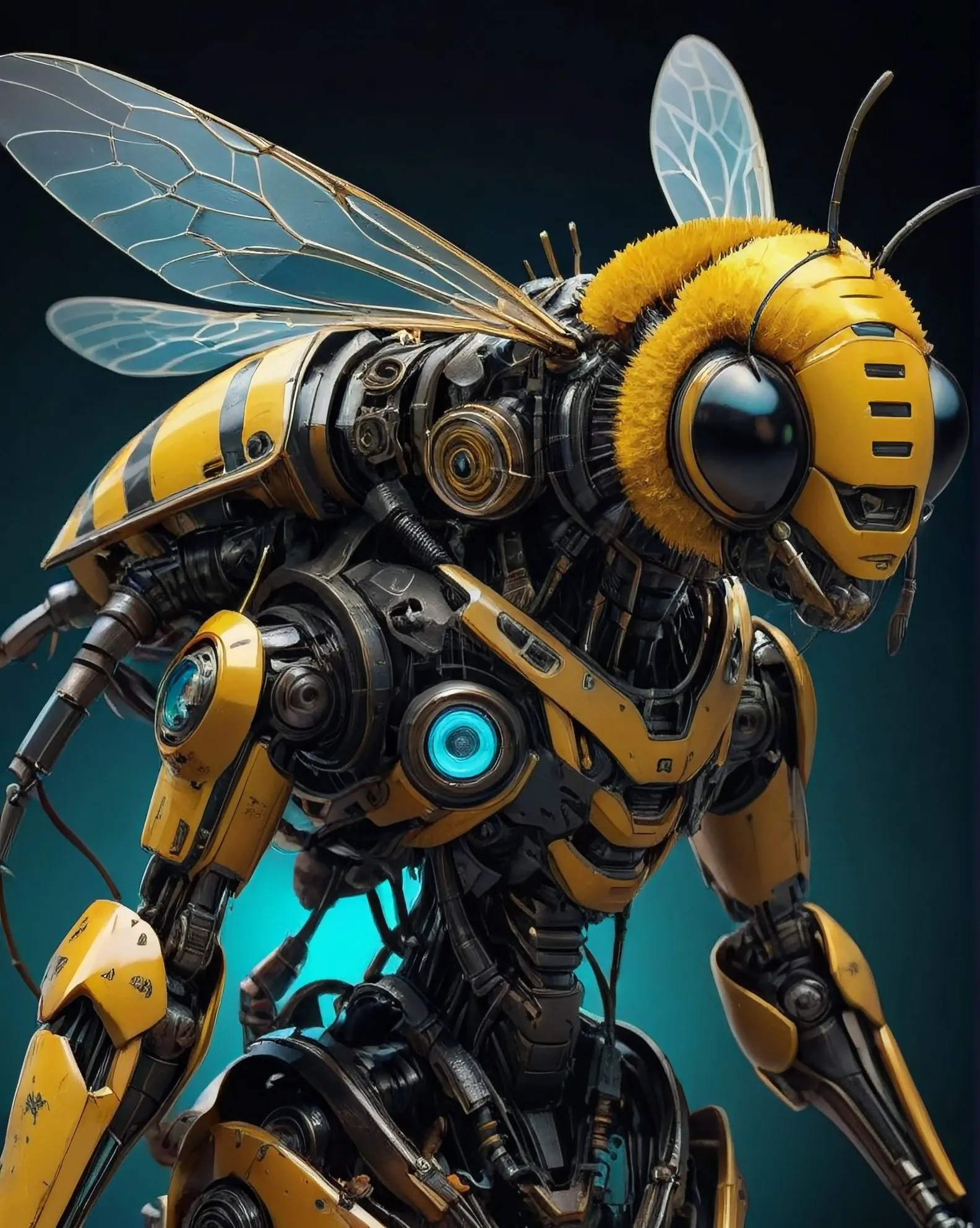 Create a 3D model depicting bees as robotic beings, inspired by the style of mechanical constructions by Leonardo da Vinci and the vision of the future from "Blade Runner" by Ridley Scott, creating a fusion of classical art and futuristic technology., 8K 3D, Digital Illustration, trending on artstation, Unsplash contest winner, 8k resolution, Behance HD, deviantart