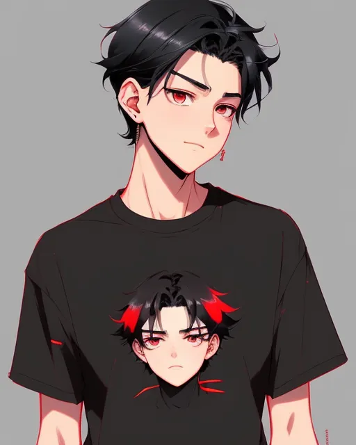 Teen boy with black hair and red eyes with a smirk