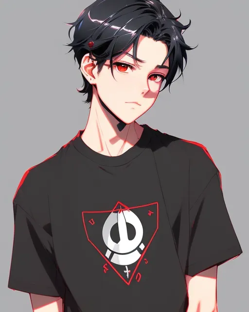 Teen boy with black hair and red eyes with a smirk