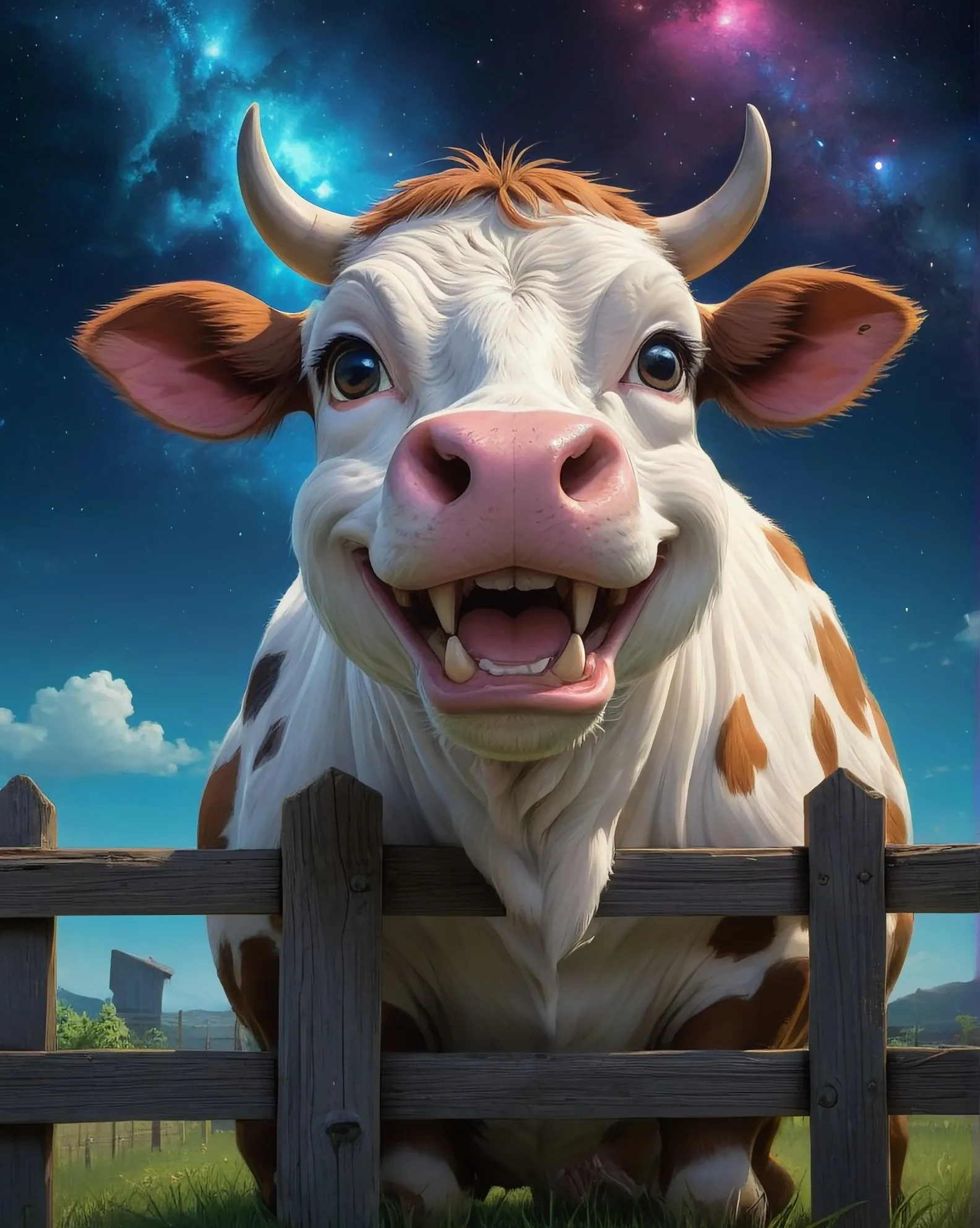 Cow Mimic with a huge mouth and extra-large eyes sitting on a fence with a cosmic background, detailed, hyperrealistic, character design by Mark Ryden and Hayao Miyazaki, artstation, digital painting, cinematic, unreal engine, cozy indoor lighting, unreal 5, daz, octane render