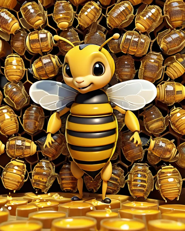 Cute anthropomorphic honey bee, in an assembly line, packing honey, perfect composition, complex, hyperdetailed, infinity, intricate, elaborate, meticulous, award winning, 
