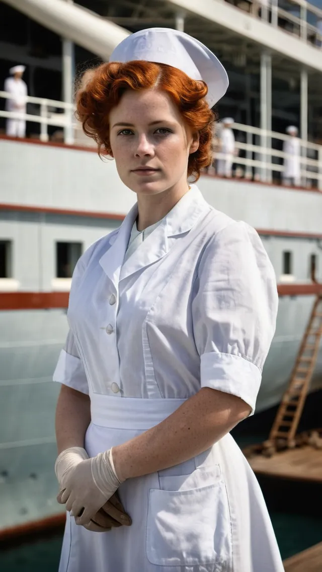 a female nurse Off WW1 ( 23 years old, Natural Red Hair) with very dusty clothes stand in front of HRMS *britannic" Hospital ship, vintage photography, retro vintage style