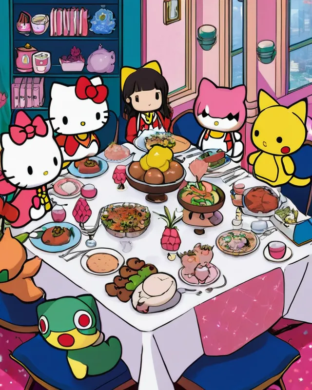 A dinner party with all the characters from hello Kitty and all the characters from pokemon