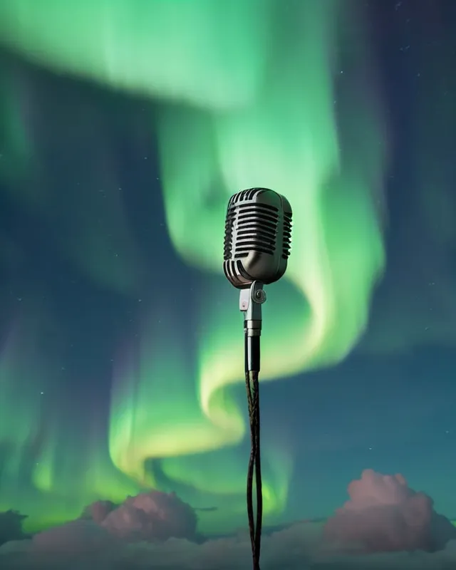 Northern lights  moving in the sky with old audio microphone hanging from the clouds 