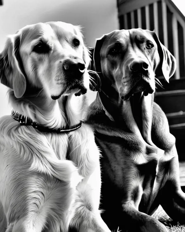 A golden retriever  and a Rhodesian Ridgeback  sitting next to each other in black and white 