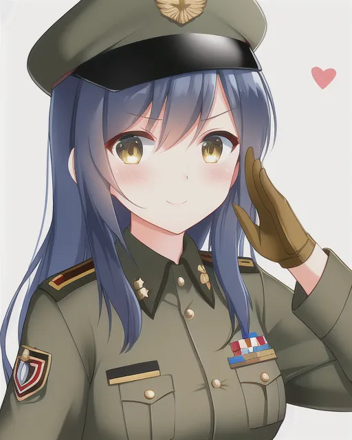 Cute army commander saluting, kawaii, female, short