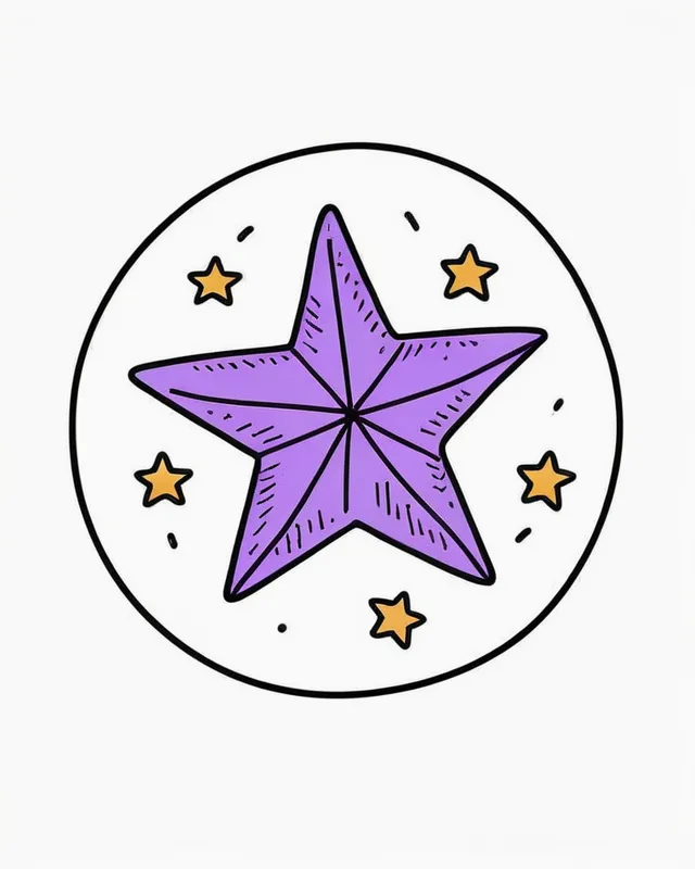 A simple vector doodle of an old coin with a star on it, with a white background, in the clip art style, as a hand drawn illustration, a simple purple line drawing using simple shapes, cute and cozy in a children's book illustration style, isolated from the edges by black lines in the clipart style