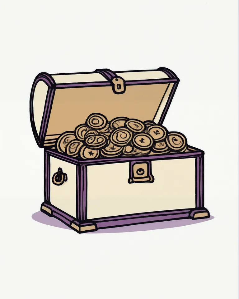 A simple vector doodle of an old chest filled with star-shaped coins, with a white background, in the clip art style, as a hand drawn illustration, a simple purple line drawing using simple shapes, cute and cozy in a children's book illustration style, isolated from the edges by black lines in the clipart style