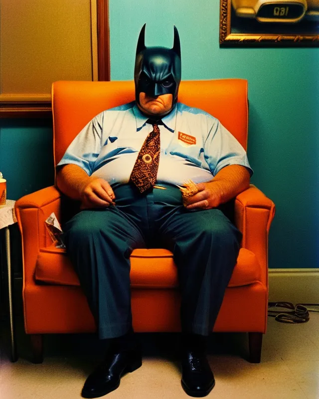 Batman his late 40's, fat over on - Free AI Photo Generator - starryai