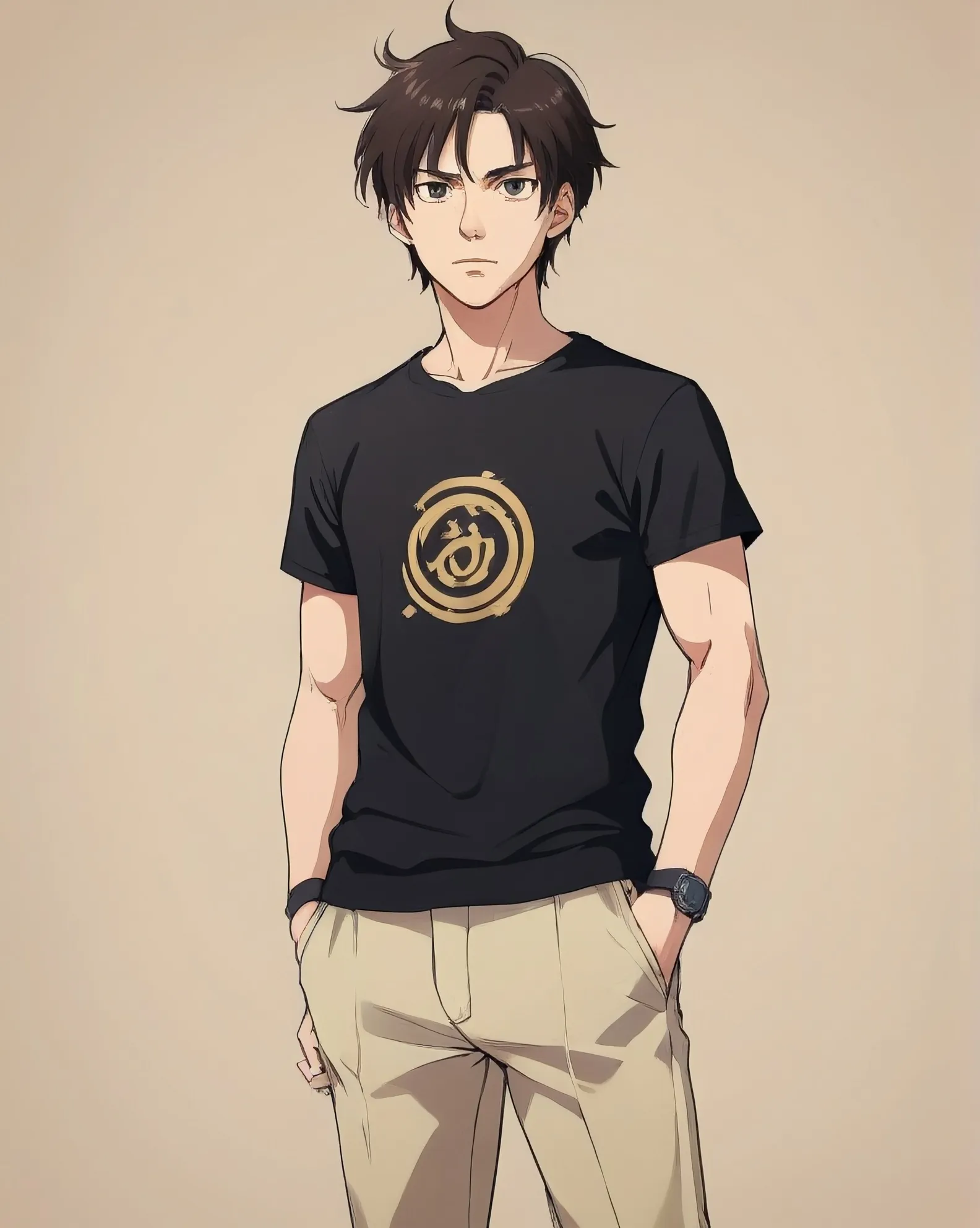 Young man in his thirties wearing short sleeve black t shirt and beige pants with brown shoes and dark hair