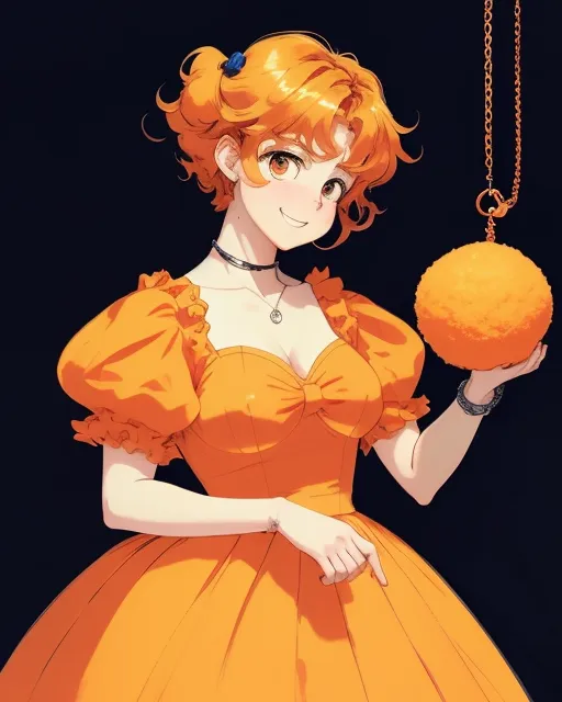A teenage boy transformed into a beautiful orange-haired princess in a huge, extremely voluminous and puffy orange dress, with enormous puff sleeves puffed up larger than her head, which is the centerpiece of the image. She is grinning mischievously and holding a hypnotic pendulum at the camera.