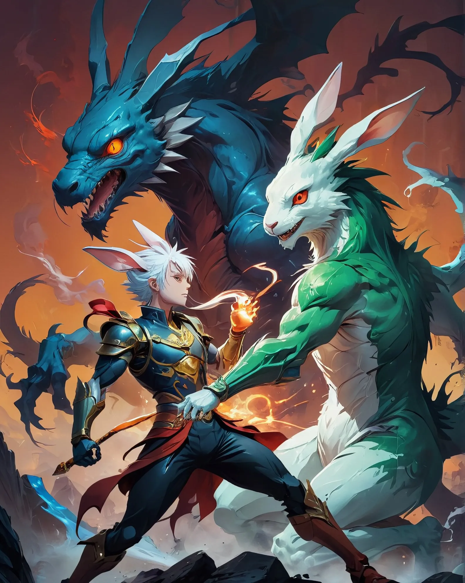 Humanoid Fighting Rabbit Humanoid rabbit vs humanoid fight - Free AI Photo Generator - starryai