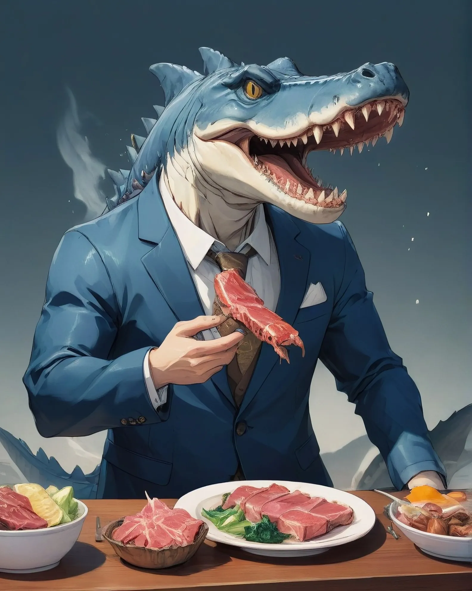 Half shark alligator half man raw - Free AI Photo Generator - starryai