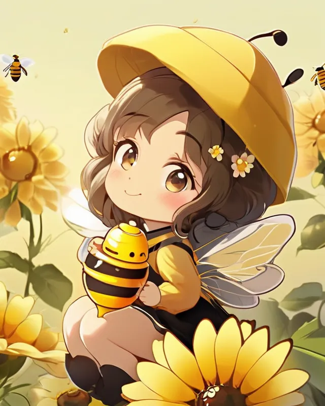 A honeybee holding honey pot, sitting on large flower, cartoon style, bee eating honey, 