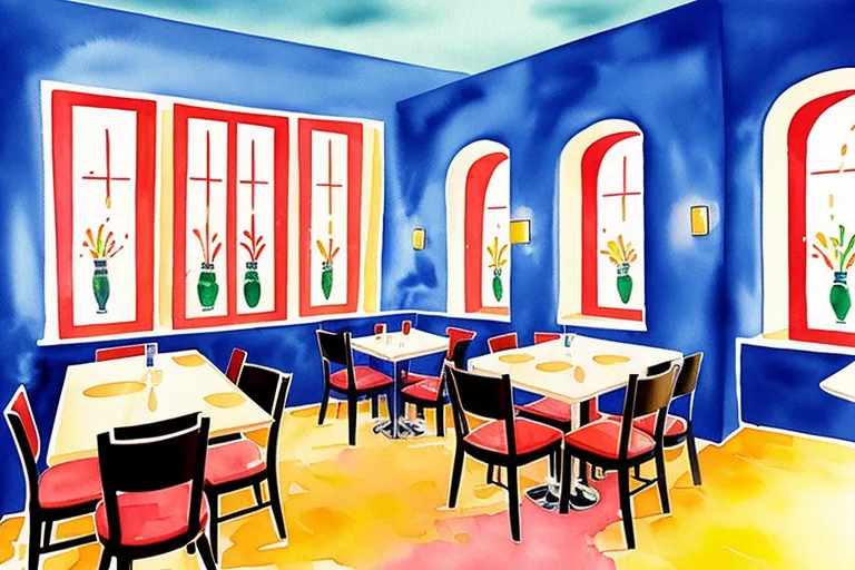 An inside view of a cafe., watercolor