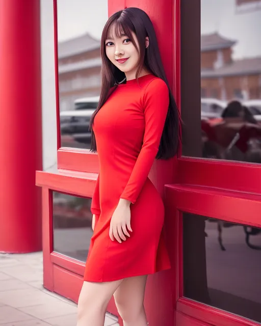 Korean girl with long dark hair, smiling, dressed in a red tight-fitting dress