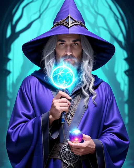 The wizard has a youthful visage, with clear, smooth skin that speaks of vitality and energy. High cheekbones lend an air of refinement to their face, while a strong jawline hints at determination and resolve. Their eyes are a shade of emerald green. The wizard wears long, flowing robes made from a rich, deep-blue fabric. Over the robes, a hooded cloak drapes gracefully, its deep hood often pulled up to obscure the wizard's features when traveling incognito